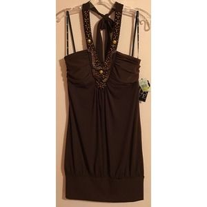 NWT 2008 love tease brown beaded blouse with band at bottom  size medium brown